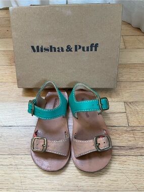Misha and Puff Two-Tone Leather Sandals in Green and Tan Toddler size 6